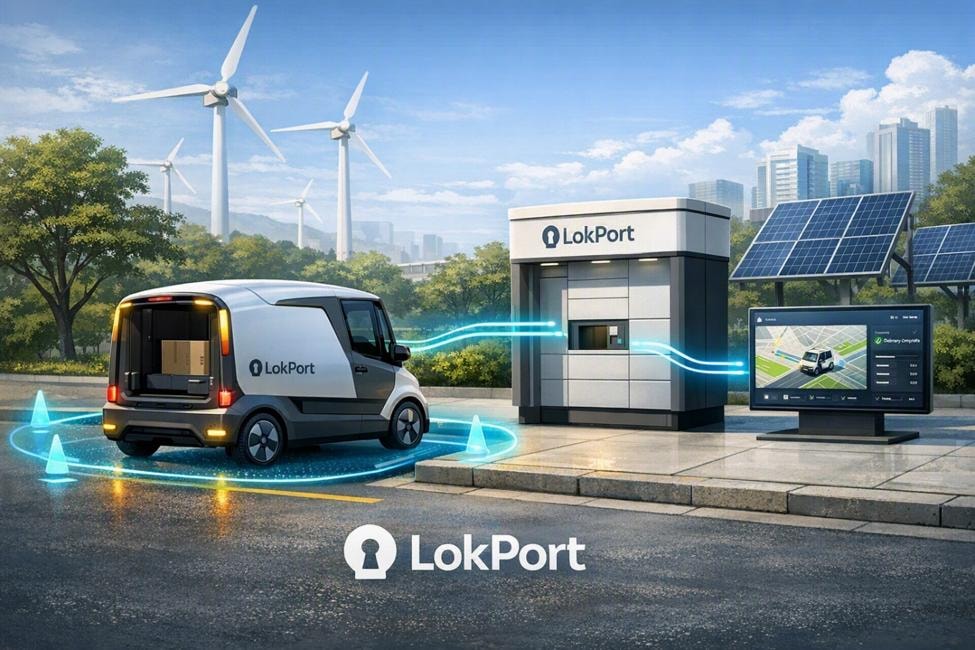 LokPort ecosystem diagram showing the Rolling Smart Curb Logistics Vehicle, Central Dashboard, and Secure Final-Handoff Endpoint