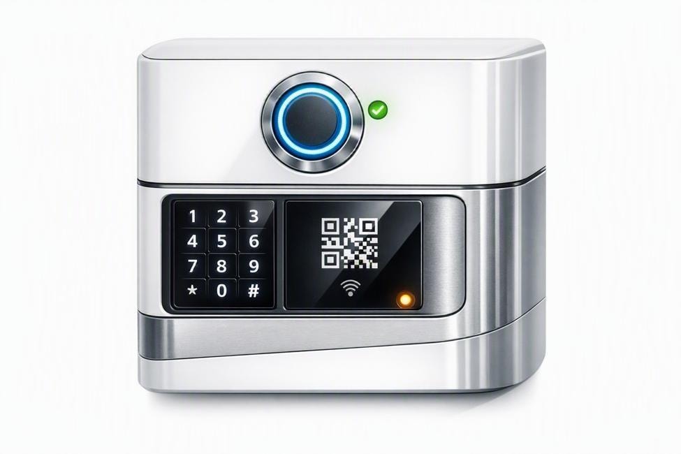 LokPort patent-pending access module concept — biometric ring, keypad, QR scanner, next-generation form factor