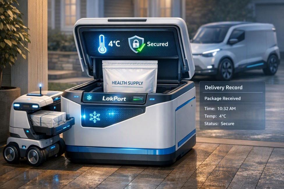 LokPort patent-pending cold chain delivery concept — temperature-controlled specialty delivery portal